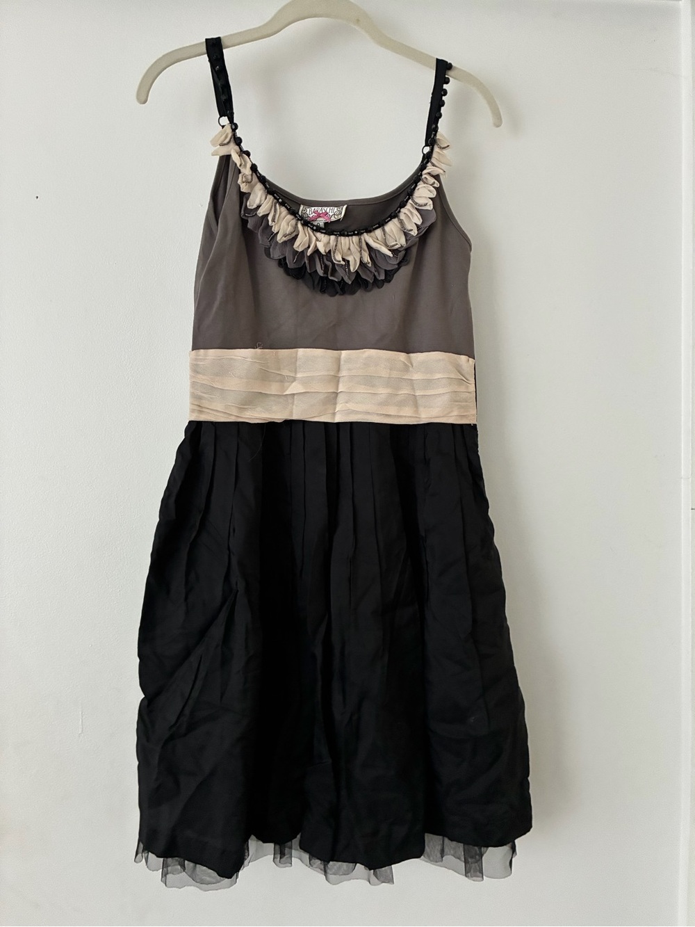Yoana Baraschi Black, Taupe and Cream Ruffle-Trim Mini Dress